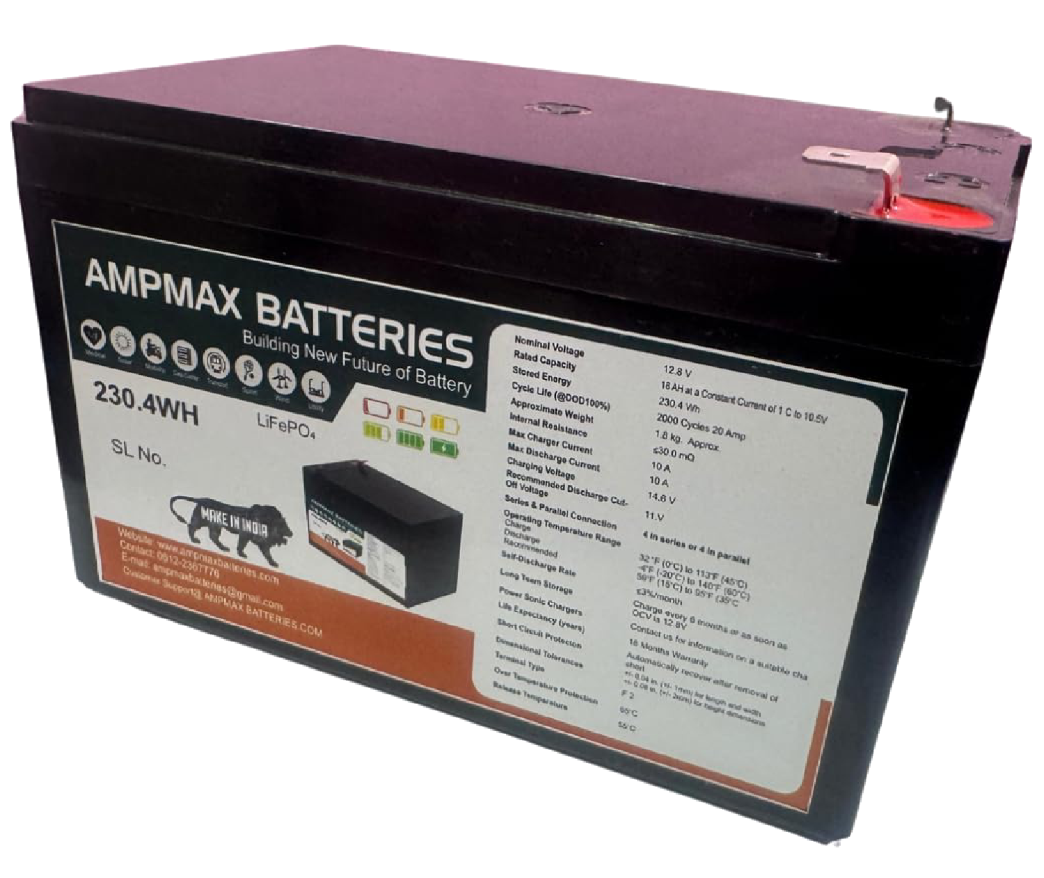 12V 18Ah LiFePO4 Lithium Battery - 230.2Wh
